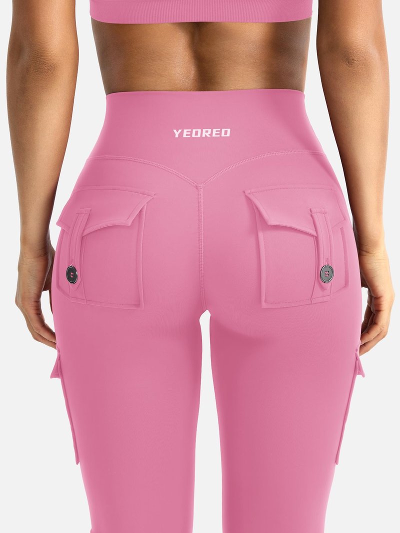 YEOREO CoreFlex Women Workout Flare Leggings with Pockets Hidden Scrunch High Waisted Cargo Gym Yoga Leggings Pink L