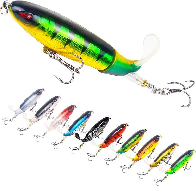 Fishing Lures Kit - 10Pcs Top Water Bass & Catfish Lures with Hooks | Popper Floating Design