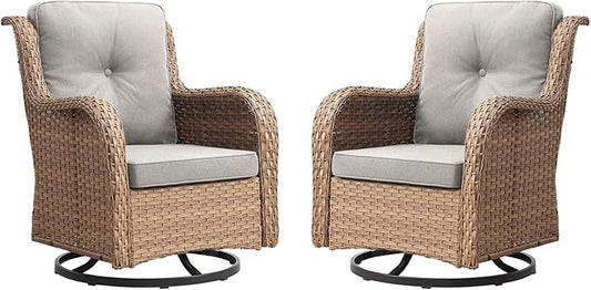 Rilyson Patio Chairs Rocking Swivel Chiar - 2 Piece Outdoor Wicker Furniture Chairs Set Rattan Rocker Chairs with High Back and Deep Seating for Outside Porch Deck Garden(Yellow/Beige)