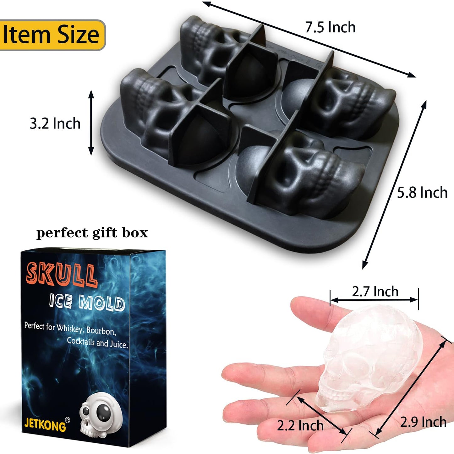 JETKONG Large Skull Ice Mold - 4 Cavity Silicone Skull Ice Maker - Ice Cube Tray for Whiskey, Bourbon, Cocktails and Juice