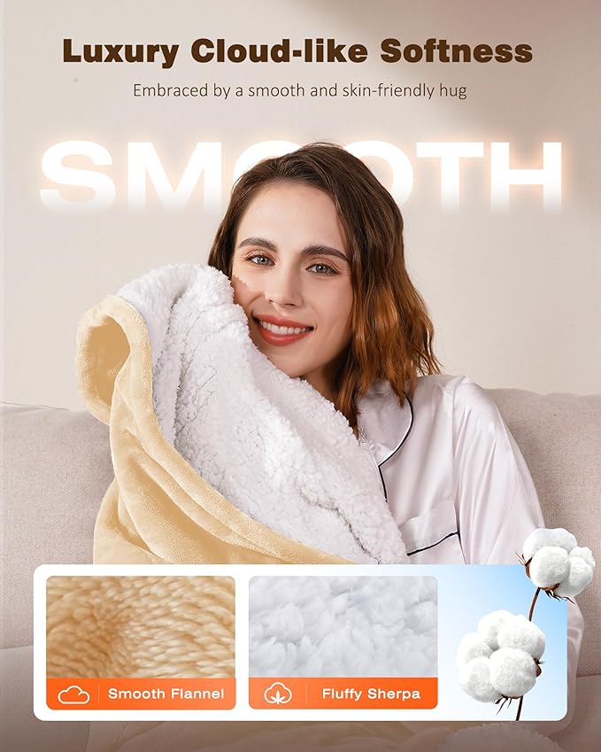 Wearable Heated Blanket - Cozy Gift for Women, Mom, Men| Reversible Flannel & Sherpa Electric Wrap with Pockets & Hood, 6 Heat Levels, 1-4H Timer, ETL Safe, Machine Wash, 50"x70" Beige