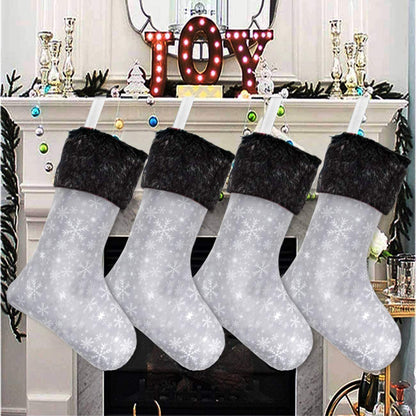 Senneny Christmas Stockings- 4 Pack 18" Grey and White Snowflake Christmas Stockings with Black Plush Faux Fur Cuff, Large Christmas Stockings Decorations for Family Christmas Holiday Party
