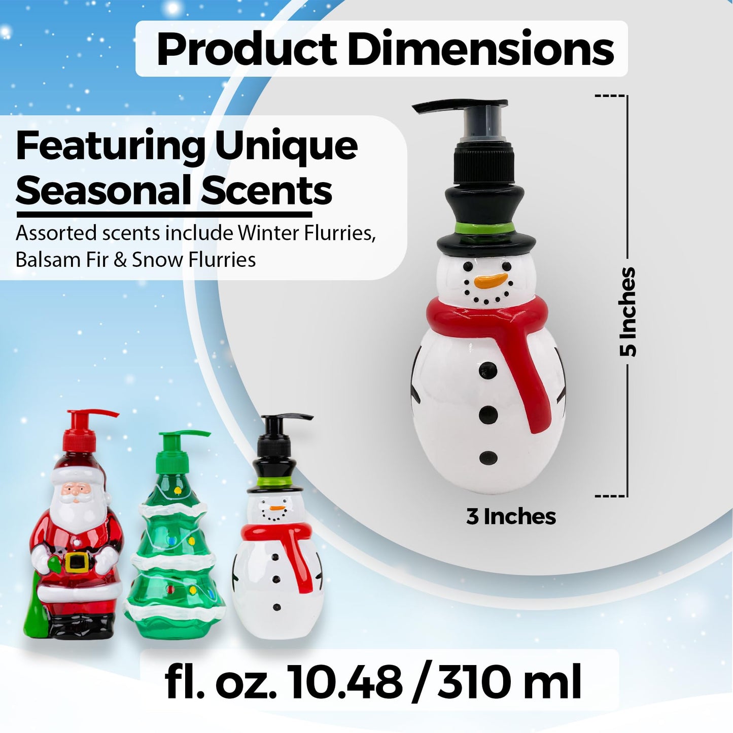 Simple Pleasures Snowman, Santa & Christmas Tree 3 Pack Holiday Soap Dispensers with Scented Liquid Soap: Decorative Hand Pump Refillable Christmas Soap Dispenser for Kitchen and Bathroom Sinks