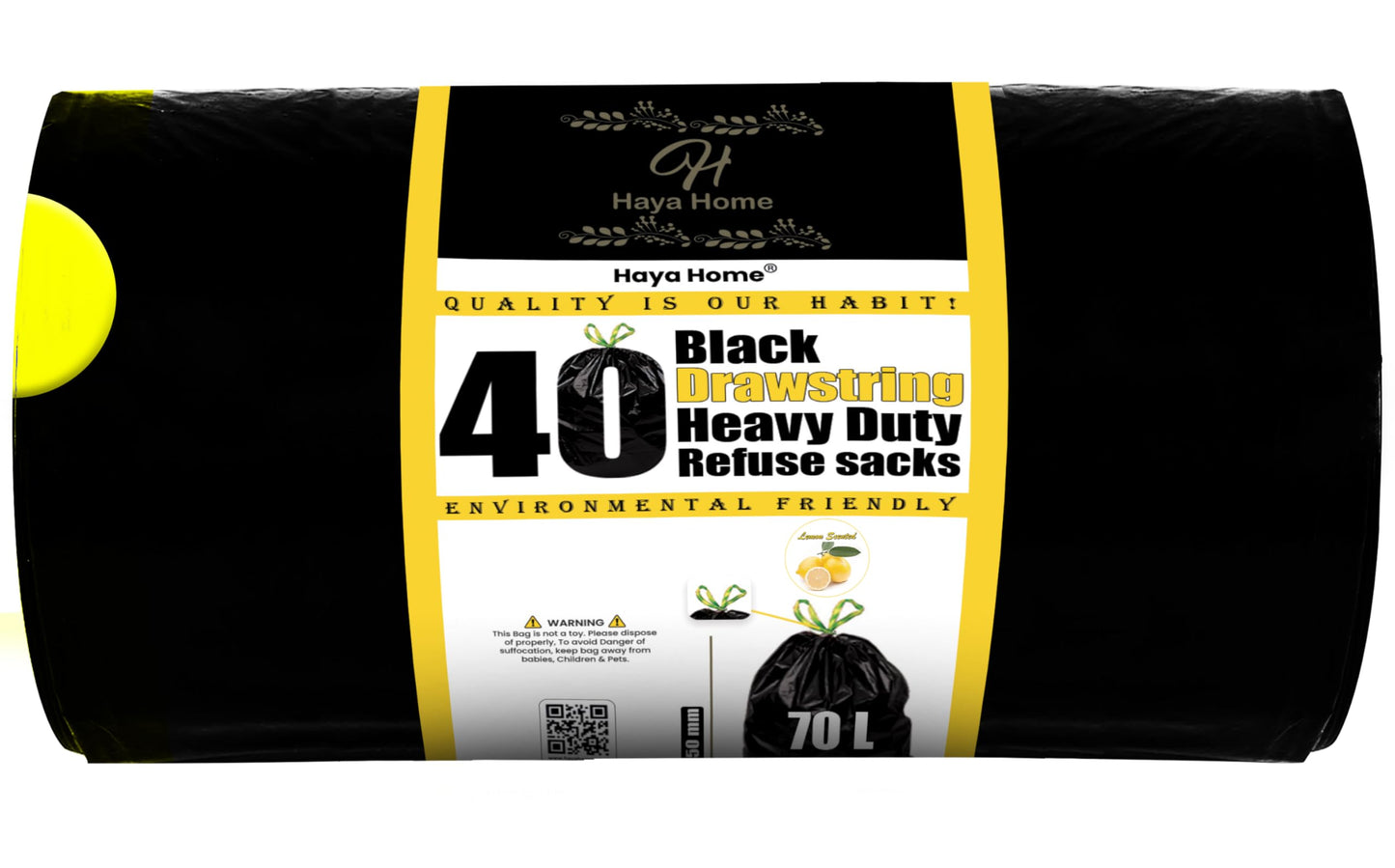 Haya Home 70L litre 40 Drawstring Bin Bags Heavy Duty Swing Bin Liners Black Plastic Refuse Sacks tie top handle large Waste Dustbin Bags for Kitchen Home Office DIY Garden 100% Recycled Material