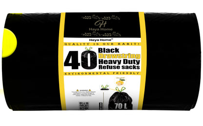 Haya Home 70L litre 40 Drawstring Bin Bags Heavy Duty Swing Bin Liners Black Plastic Refuse Sacks tie top handle large Waste Dustbin Bags for Kitchen Home Office DIY Garden 100% Recycled Material