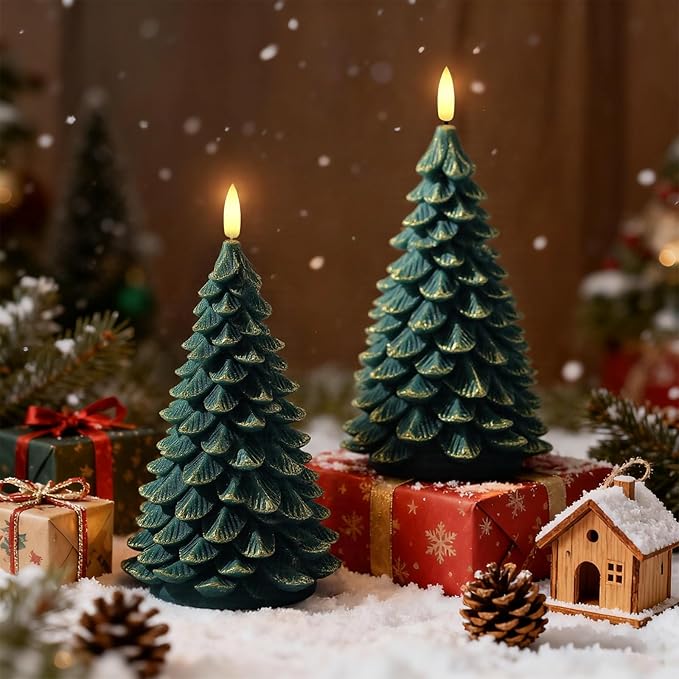 Christmas Decorations Indoor, Christmas Decor - Christmas Tree Candles Battery Operated, Flameless LED Candle Lights with 6H Timer, Xmas Home Decor, Set of 2(Green&Gold)