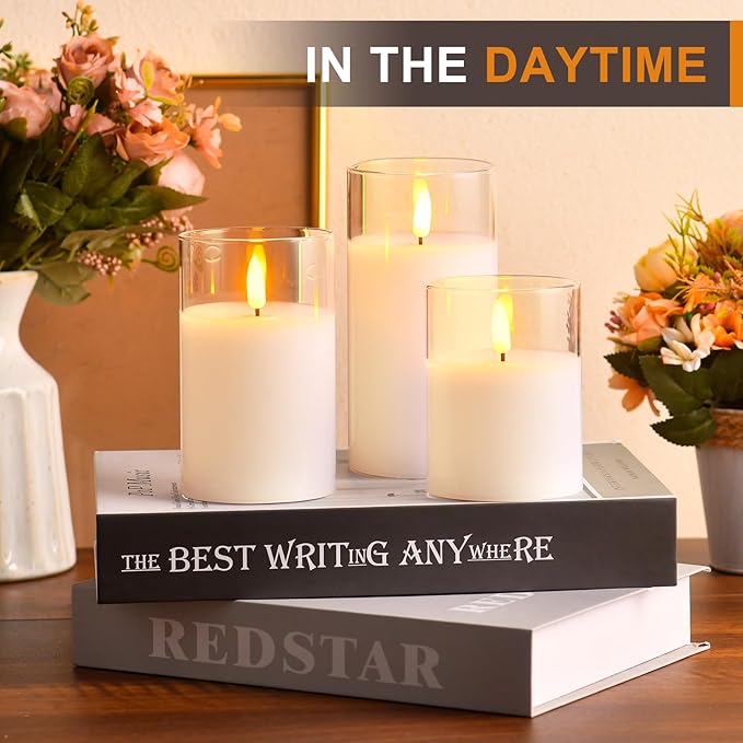 Glass Battery Operated LED Flameless Candles with Remote and Timer, Real Wax Candles Warm Color Flickering Light for Festival Wedding Home Party Decor(Pack of 3)-Lvory White