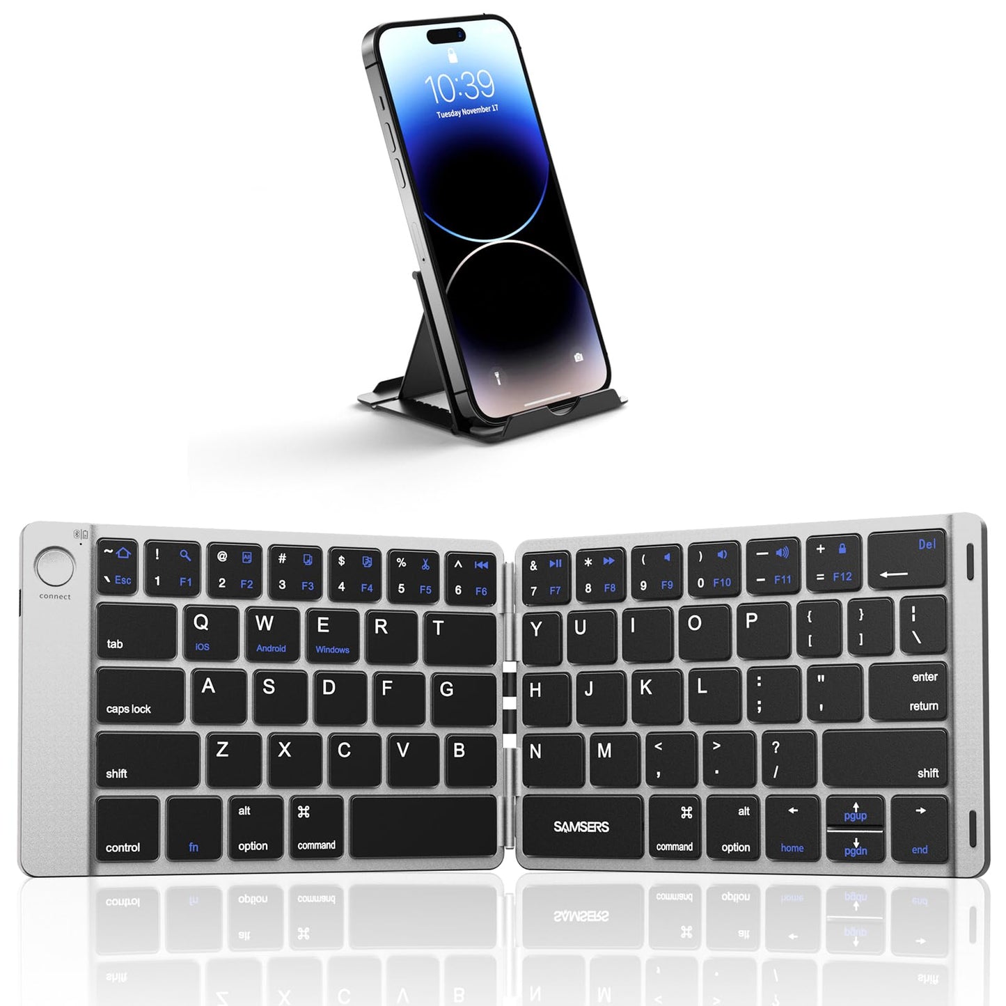 Samsers Foldable Bluetooth Keyboard - Portable Wireless Keyboard with Stand Holder, Rechargeable Full Size Ultra Slim Folding, Compatible iOS Android Windows Smartphone Tablet and Laptop - Black