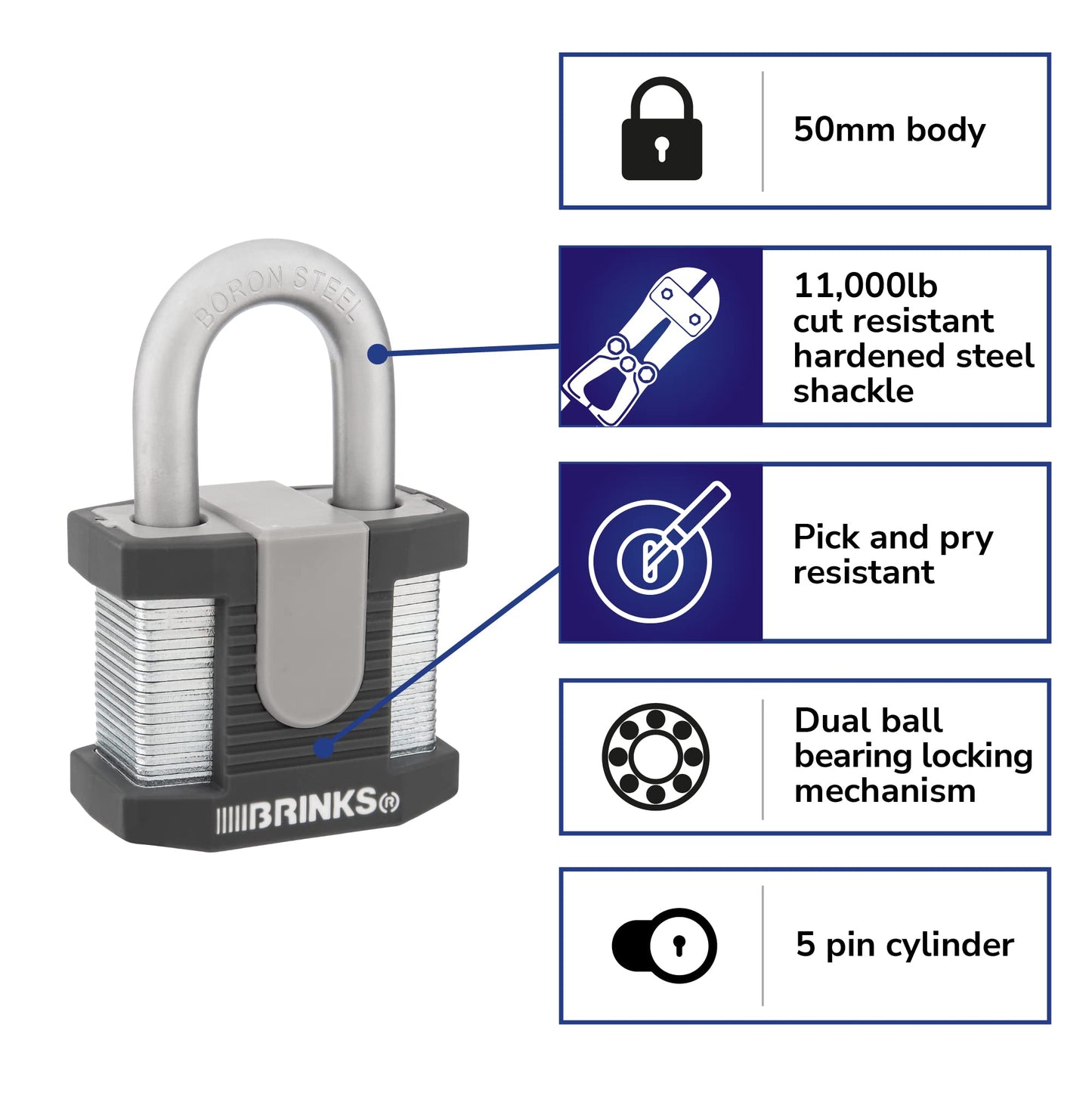 BRINKS - 50mm Commercial Laminated Steel Keyed Padlock - Solid Steel Body with Boron Steel Shackle, Chrome