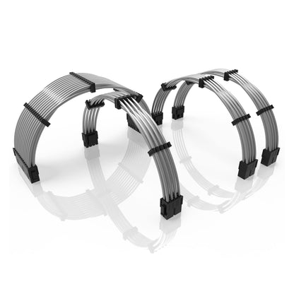 LINKUP - 30cm PSU PC Power Extension Cable Metallic Sleeved Silicone Coated Soft & Flexible to Route Custom Mod GPU & CPU w/Comb Kit | 1x 24P (20+4) | 1x 8P (4+4) CPU | 2x 8P (6+2) GPU | 300mm -Silver