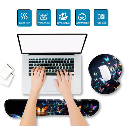 ARTSO Ergonomic Mouse Pad with Wrist Rest, Comfortable Keyboard Wrist Rest, Memory Foam Mousepad for Computer Keyboard, Mouse Pad Set for Easy Typing, Pain Relief, Night Butterfly