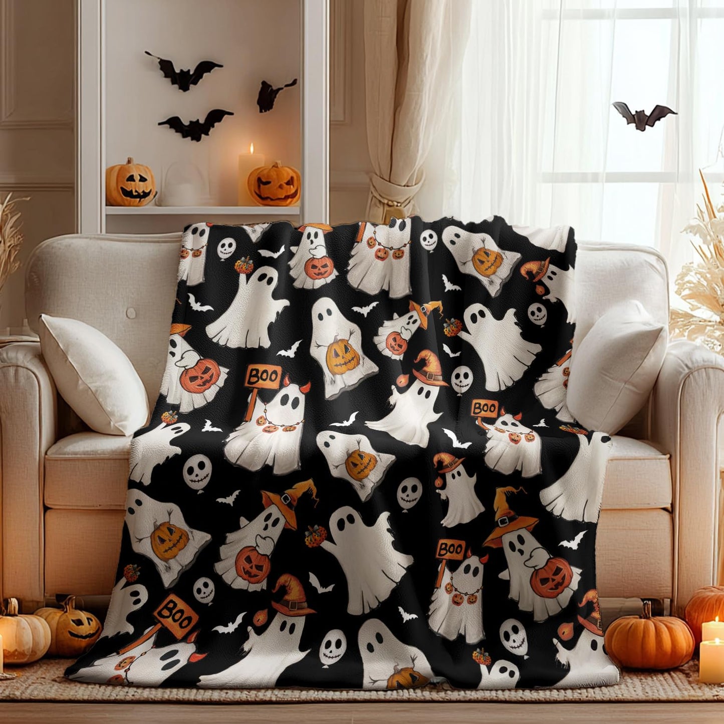Horaldaily Halloween Flannel Blanket Throw, Ghost Boo Jack-O-Lantern Pumpkin Skulls Soft Fuzzy Plush Cozy Fleece Blankets for Couch Sofa Bed Lounging, Ideal Gifts for Kids Adults Wife Self, 50x60