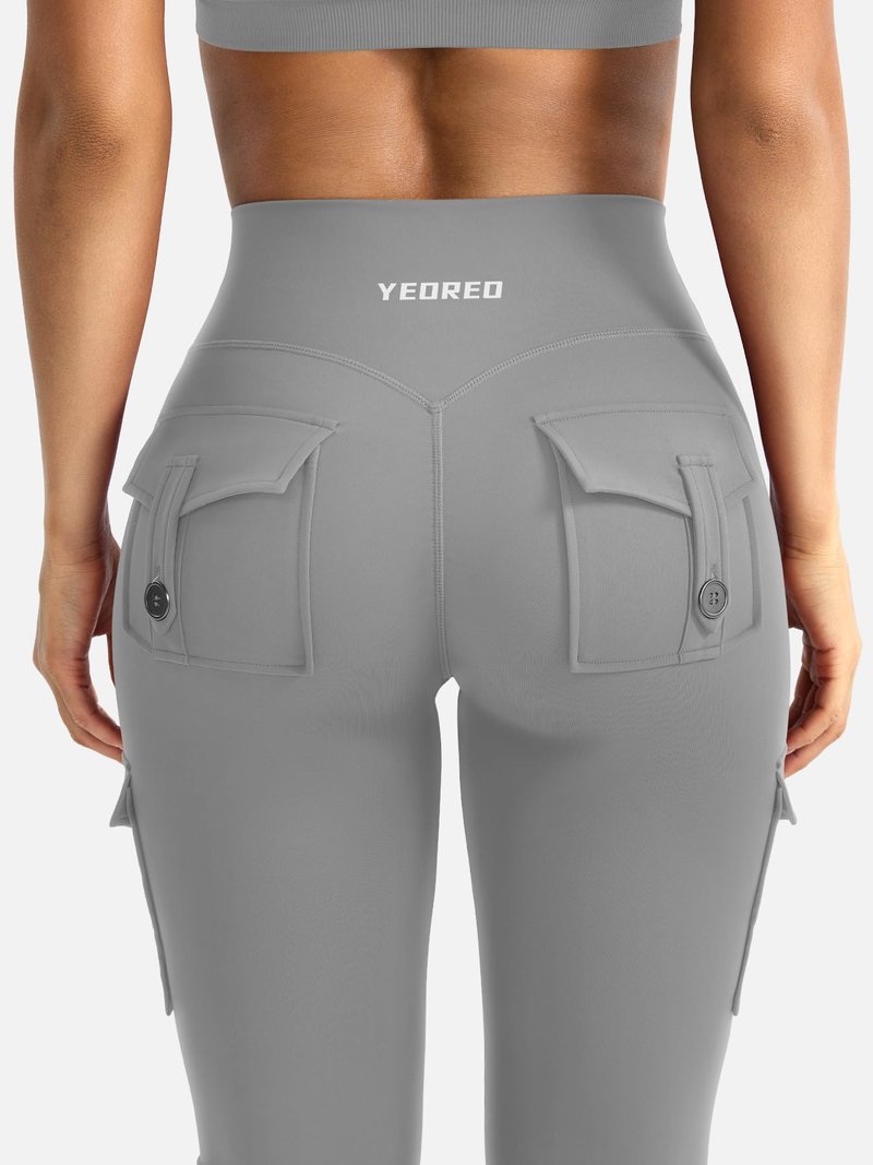 YEOREO CoreFlex Women Workout Flare Leggings with Pockets Hidden Scrunch High Waisted Cargo Gym Yoga Leggings Light Grey S