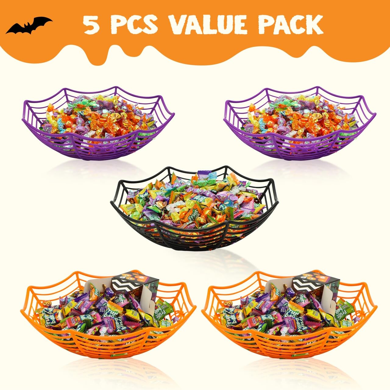 JOYIN 5 Pcs Halloween Candy Bowl Spider Web Trick or Treat Dish Decorations Indoor, Plastic Bowl Party Favors Supplies for Table Desk Haunted House Basket Decor