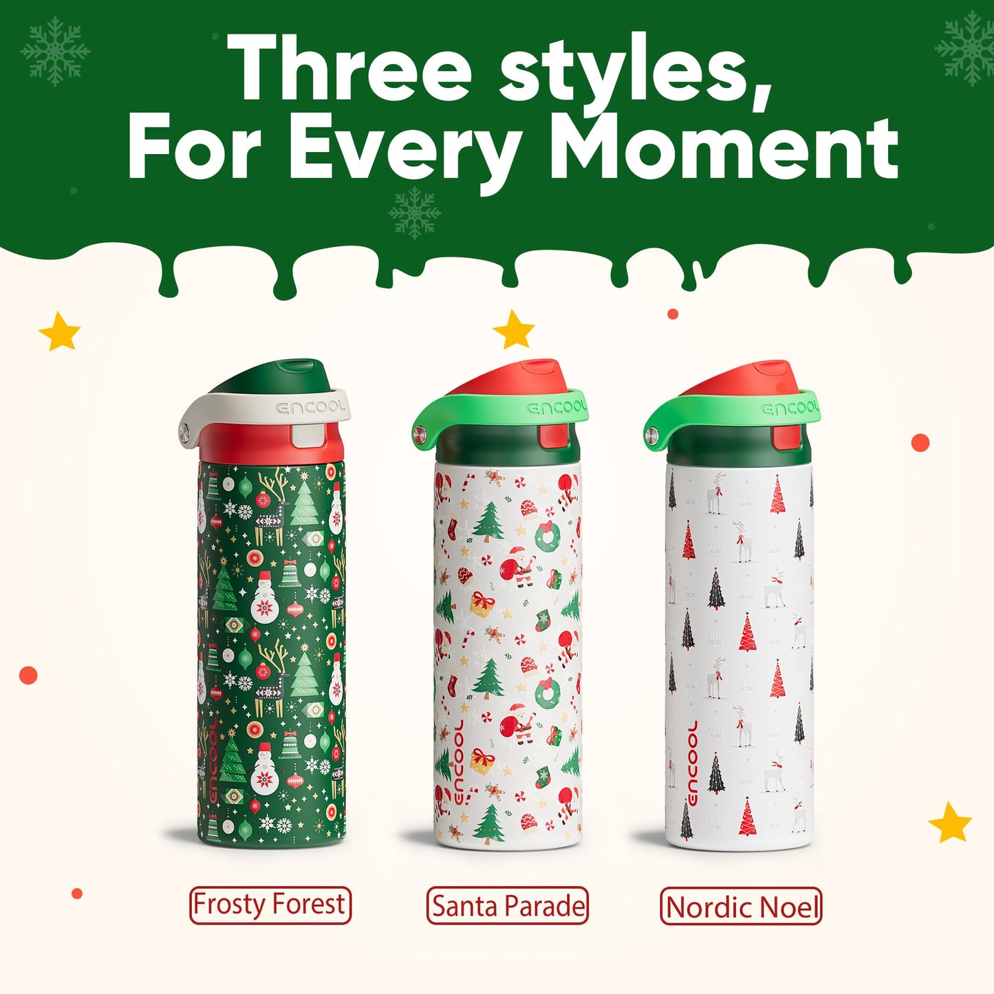 ENCOOL Christmas SwiftSip Insulated Water Bottle with Straw, Stainless Steel Water Bottle, Leak Proof BPA-Free, Keeps Cold for 24 Hours for Sports, Christmas Holiday Gifts for Women, 24oz, Nordic Noel
