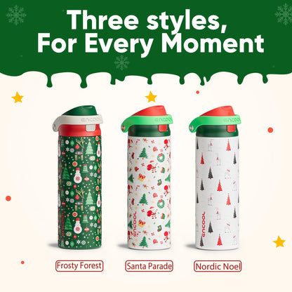 ENCOOL Christmas SwiftSip Insulated Water Bottle with Straw, Stainless Steel Water Bottle, Leak Proof BPA-Free, Keeps Cold for 24 Hours for Sports, Christmas Holiday Gifts for Women, 24oz, Nordic Noel