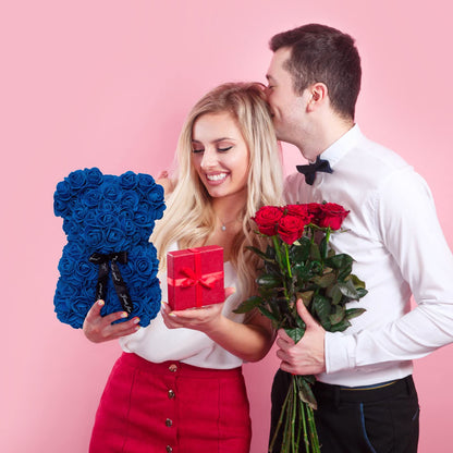 DuHouse Rose Bear Rose Teddy Bear Flower Gift Black Box for Valentines Gifts Anniversary Christmas,Birthdays Bridal Showers -Fully Handmade 10 inch Flower Bear Clear Gift Box (Royal Blue)