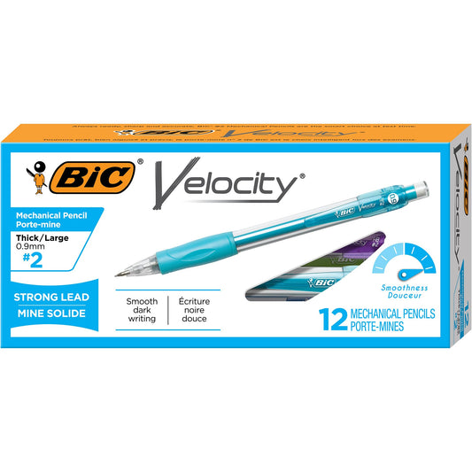 BIC Velocity Strong Lead Mechanical Pencils, With Colorful Barrel, Thick Point (0.9mm), 12-Count Pack Mechanical Pencils With Erasers