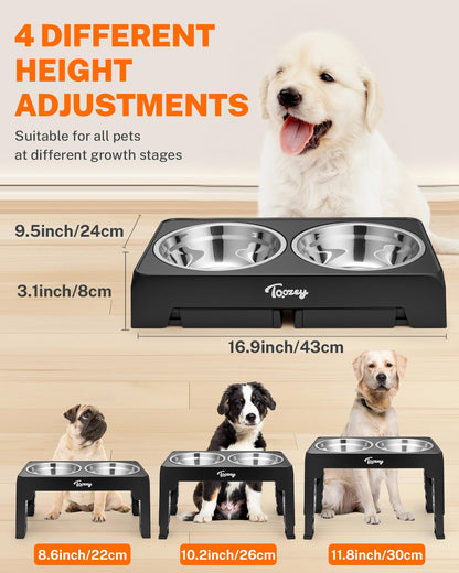 Toozey Raised Dog Bowl Height-Adjustable, Elevated Dog bowls with 2x 1200ml Stainless Steel Bowls, for Small Medium & Large Dogs, Non-Slip and No Spill, Black