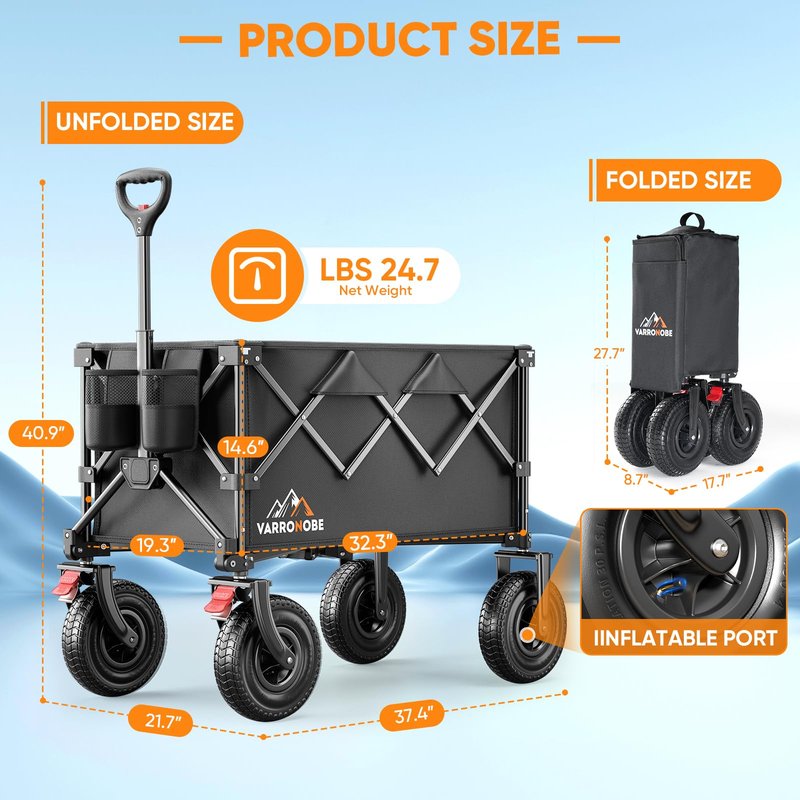 Big Rubber Wheels Beach Wagon Cart Foldable, 9x3 All-Terrain Wheels, Heavy Duty Collapsible Utility Wagon with 330lbs Capacity, Compact Storage, Easy Transport for Sand Camping Sports, Black