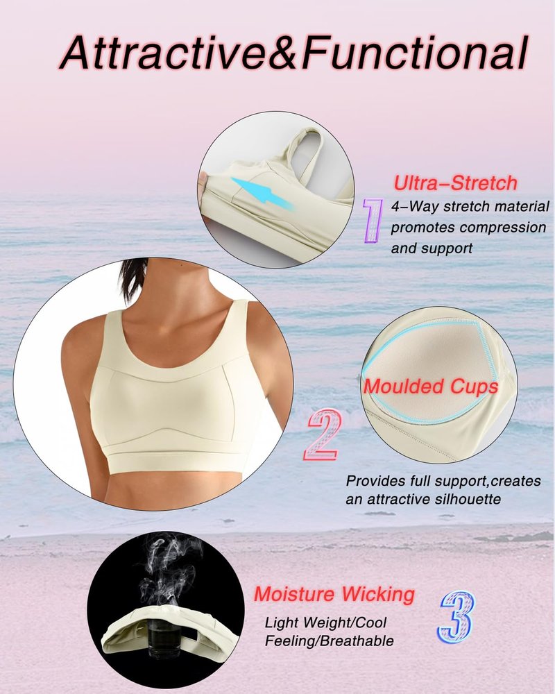 RUNNING GIRL High Impact Sports Bras for Women,Racerback Running Bra Workout Crop Tank Tops Longline Sports Bra Push up(WX2667 White Apricot M)