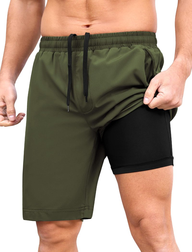 SILKWORLD Mens Athletic Shorts 9 Inch Lightweight Running Basketball Workout Shorts with Pockets, Army Greem, Medium