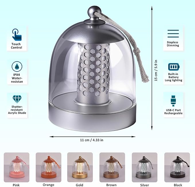 Outdoor Cordless Table Lamp Rechargeable,Water Proof Shower Lamp for Bathroom,Small Ambient Bedside Lamps for Night Stands (Silver Gray)