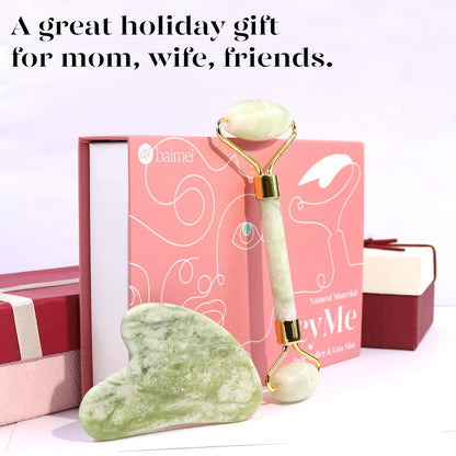 BAIMEI IcyMe Gua Sha & Jade Roller Facial Tools Face Roller and Gua Sha Set for Puffiness and Redness Reducing Skin Care Routine, Self Care Gift for Men Women - Green