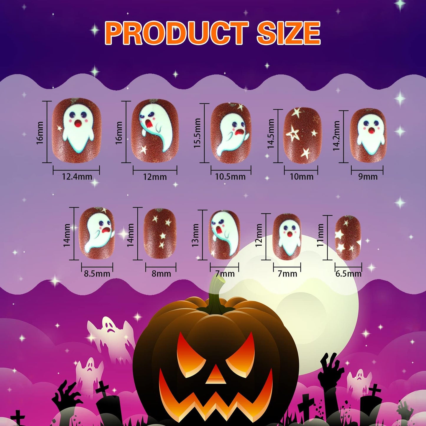 JANYUN Halloween Luminous Kids Fake Nails, 192 PcsGlowing Short Glow in Dark False Nails with Pumpkin Spider Bat for Girls Nail Art Party Decoration (Halloween Luminous)