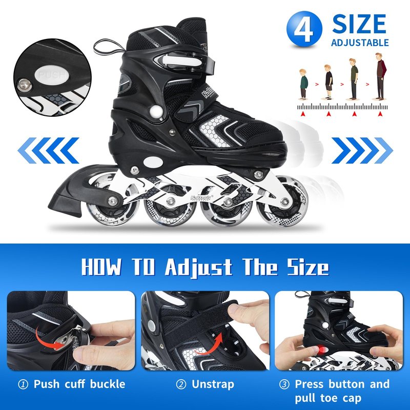 Nattork Adjustable Inline Skates for Girls and Boys with Full Light up Wheels, Beginner Roller Skates for Kids Youth Purple Pink Blue Black