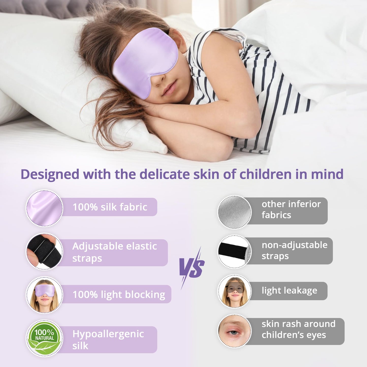 Kids Sleep Mask Eye Cover, 100% Real Natural Pure Silk Eye Mask with Adjustable Strap, Blindfold Kids Eye Mask for Sleeping, Eye Shade for Boys Girls and Adult, Pressure-Free Comfort (Black)