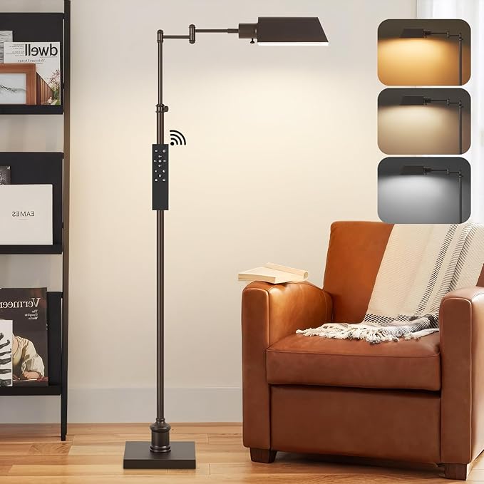 GyroVu Traditional Height Adjustable Pharmacy Floor Lamp with 350° Swing Arm, 3 Color Temperature Adjustable Standing Lamp Metal Shade for Living Room Reading House Bedroom Home Office(Bronze)