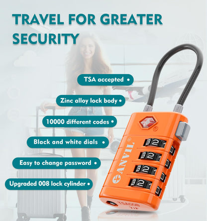 ANVIL 4 Digit Luggage Locks, TSA Locks for Luggage, Advanced TSA008 core, Alert Indicator for Your Travel Lock, Suitcase Lock. (4, Orange)