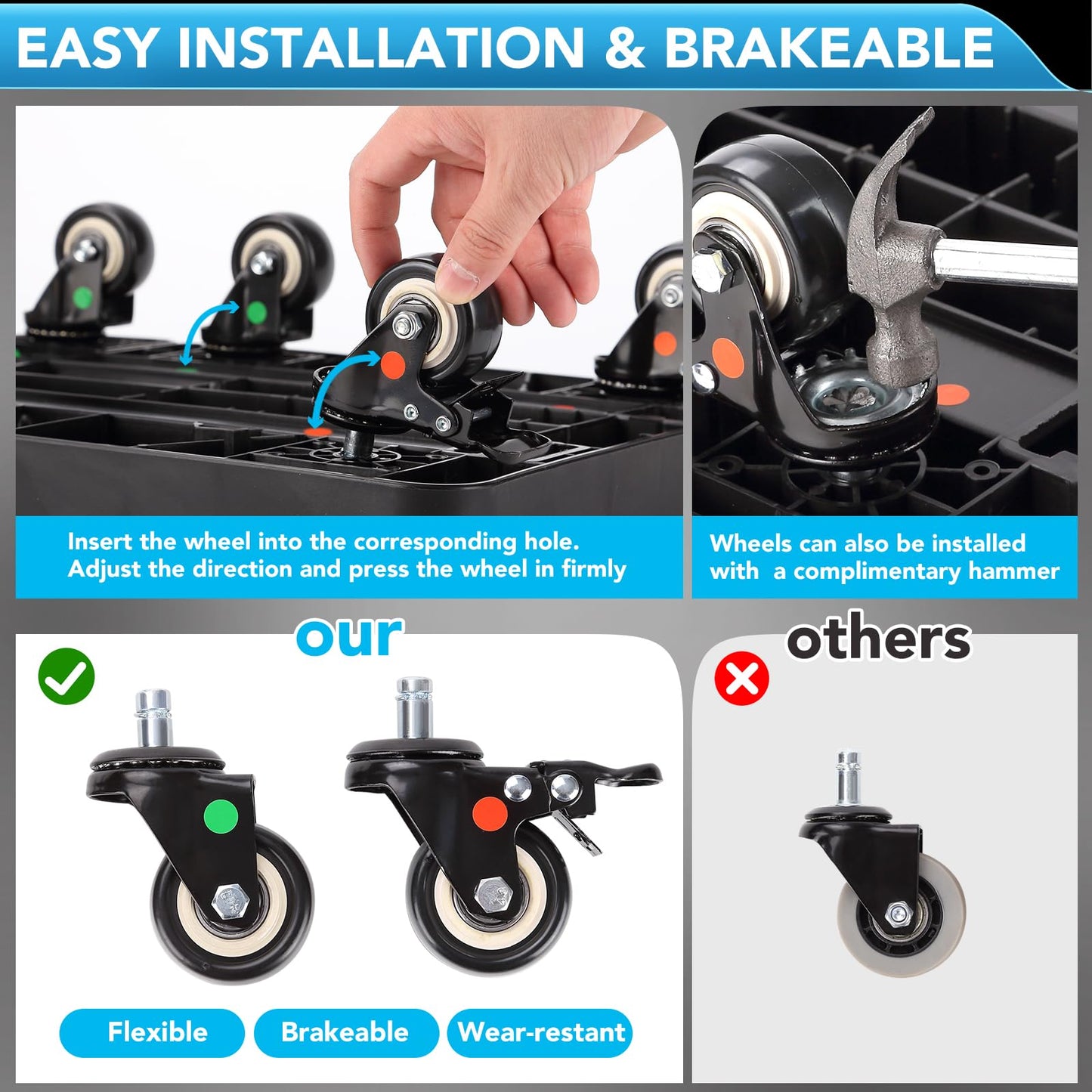 GtIiFmTe Folding Hand Truck Dolly for Moving,500LB Heavy DutyPortable Luggage Cart6 Wheels with 2 Brake,Extendable Utility Dolly Platform Cart with 3 Bungee Cords (Black)