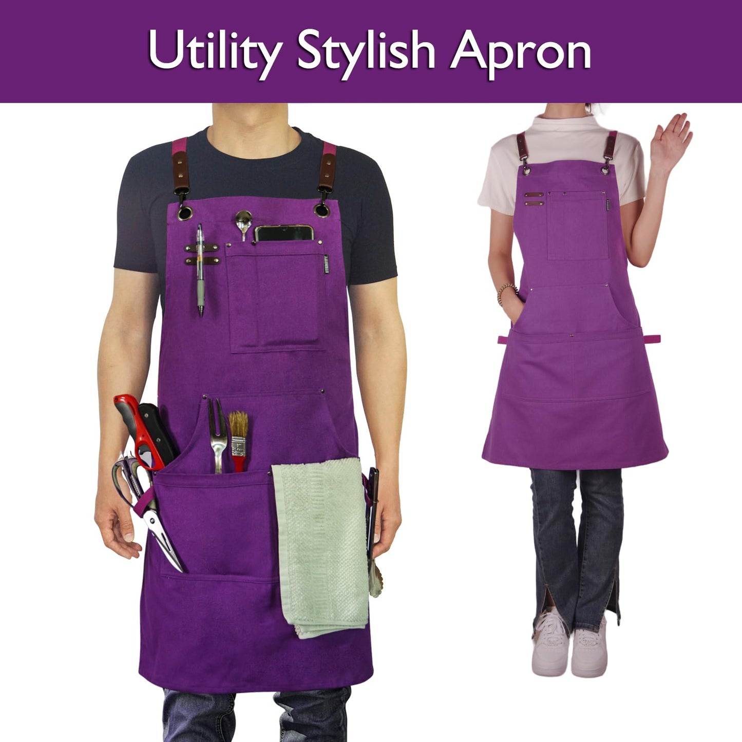 Stenffy Kitchen Apron, Work Apron, Canvas, Multiple Pockets, Gardening, Painting, BBQ, Carpenter, Sizes M to XXL, Purple