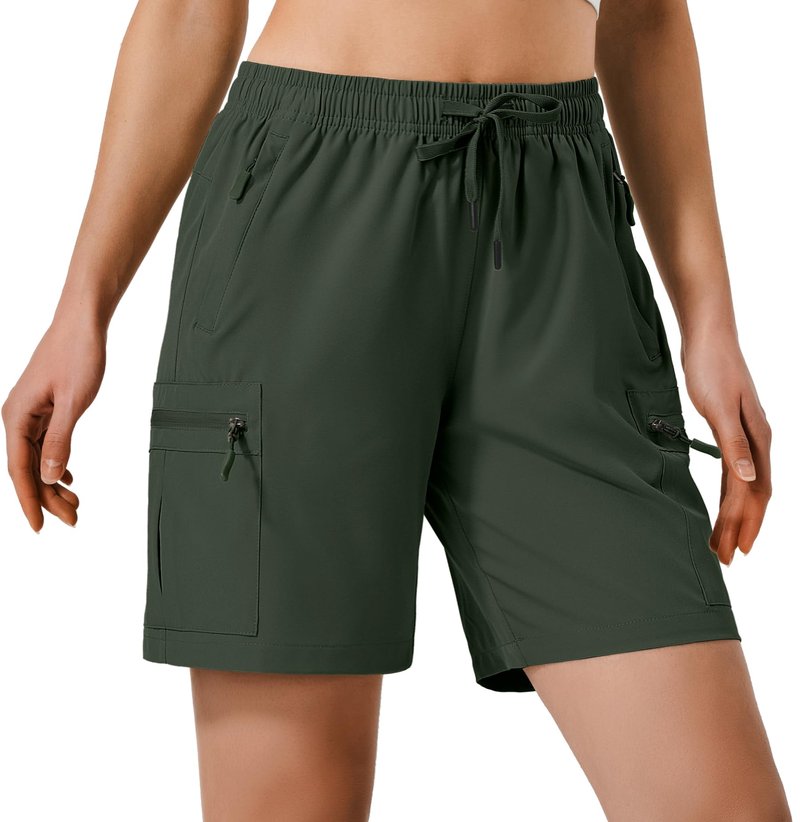 Hugut Women's Lightweight Hiking Cargo Shorts Quick Dry Athletic Shorts Camping Travel Golf Zipper Pockets Water Resistant Army Green