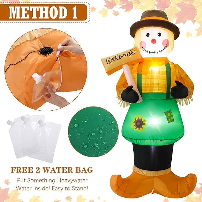 Jenaai 2 Pcs 6 Feet Fall Thanksgiving Harvest Inflatable Scarecrow Fall Harvest Inflatable Patio Decoration Autumn Blow up LED Lights Scarecrow for Outside, Front Door, Garden, Yard, Lawn