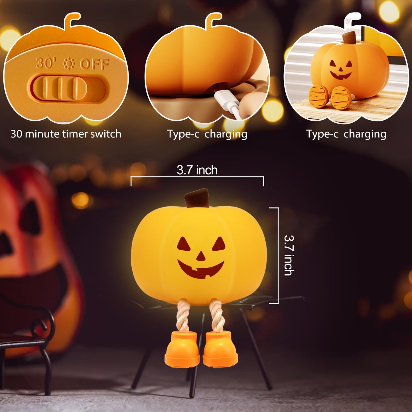 Pumpkin Night Light for Kids Cute Jack O Lantern Halloween Decor Nightlight for Baby Nursery Toddler Squishy Pumpkin Lights Cordless Rechargeable Dimmable Silicone Bedside Lamp Halloween Gifts