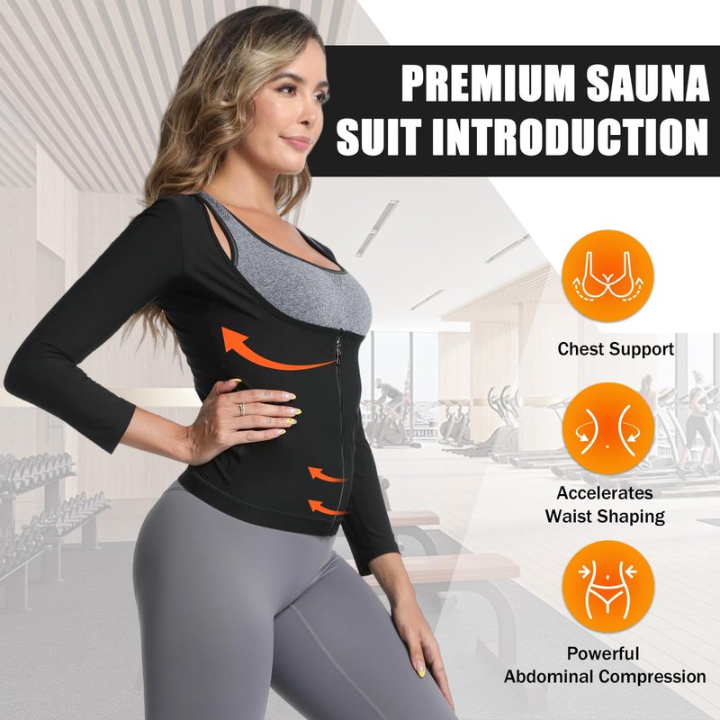 Towintec Sauna Suit for Women Heat Trapping Long Sleeve Sweat Suit Belly Fat Weight Loss Compression Shirts Waist Trainer Workout Body Shaper Tops with Zipper for Athletic Sports Training(Silver,L)