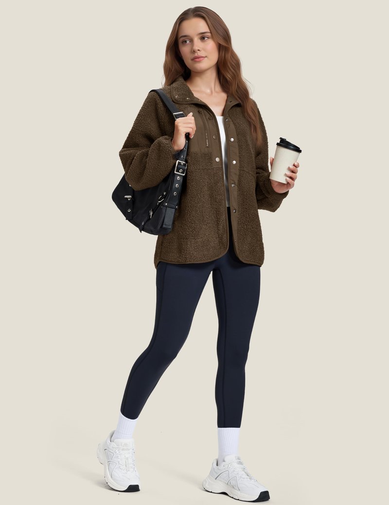 MAGCOMSEN Fuzzy Fleece Jackets Women Button Down Fleece Lined Coat Winter Warm Casual Outwear with Pockets Brown XL