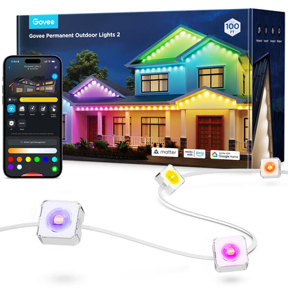 Govee Permanent Outdoor Lights 2, 100ft RGBIC Outdoor Lights with 72 LED Lights, IP67 Waterproof, 100 Scene Modes with 40lm White for Outdoor Decorations, Works with Alexa, Google Assistant, White