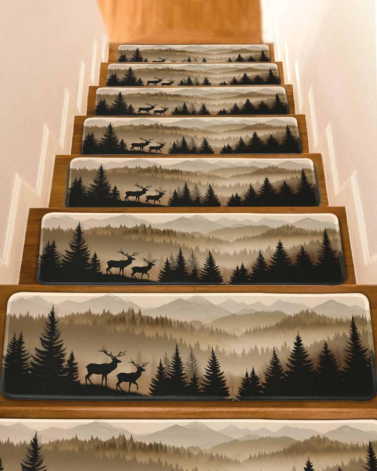 Black Forest Stair Treads for Wooden Steps Indoor Runner Rug Carpet, Deer Silhouettes Foggy Grey Pine Tree 10 Pieces Peel and Stick Staircase Step Treads Covers Washable Throw Door Mats 30"x8"