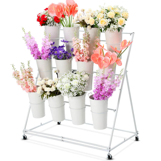 Ninehaoou Flower Plant Display Stand with Buckets 43 Inch Tall 3 Layers Metal Stand Cart Holder Moving Florist Bouquet Shelf for Fresh Flower Bar Shop Decor Patio Garden Outdoor Pop-up Events(White)
