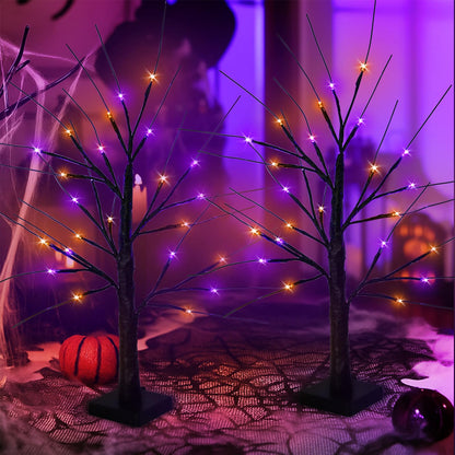 Halloween Decorations Indoor, 2-Pack 2FT Lighted Black Halloween Tree with 48 LED Orange & Purple Lights, Timer Function Battery Operated Halloween Trees Lights Spooky Tree for Tabletop Home Party