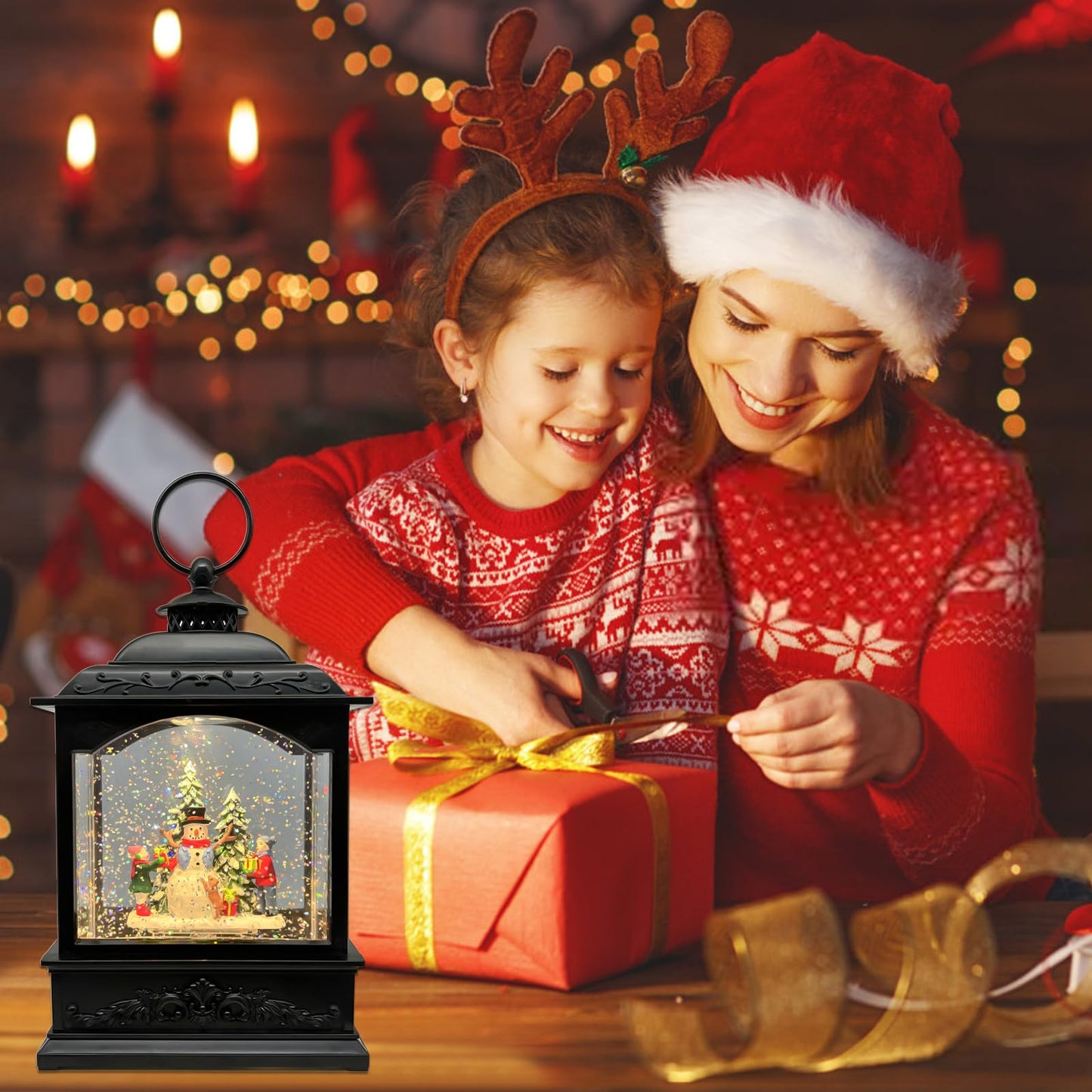 AOMIL Christmas Snow Globes Lantern with Music & Timer - USB/Battery Operated LED Glittering Globe Lantern, Snow Globe Decoration for Home Holiday Decor (Snowman)