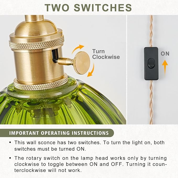 Plug in Wall Sconces Set of 2, Vintage Wall Sconce Light with Tulip Green Glass Lampshade, 180° Adjustable Wall Sconce with Switch and Plug in wall lamp Cord, Gold Wall Light Wall Decor Set of 2
