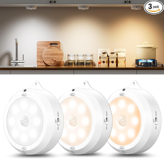 YiaMia Indoor Motion Sensor Night Light - 3 Pack, Smart Under Cabinet Lighting, 3 × AA Battery Operated Wireless Stair Light, Dimmable Puck Lights Suitable for Kitchens, Wardrobes, Hallway