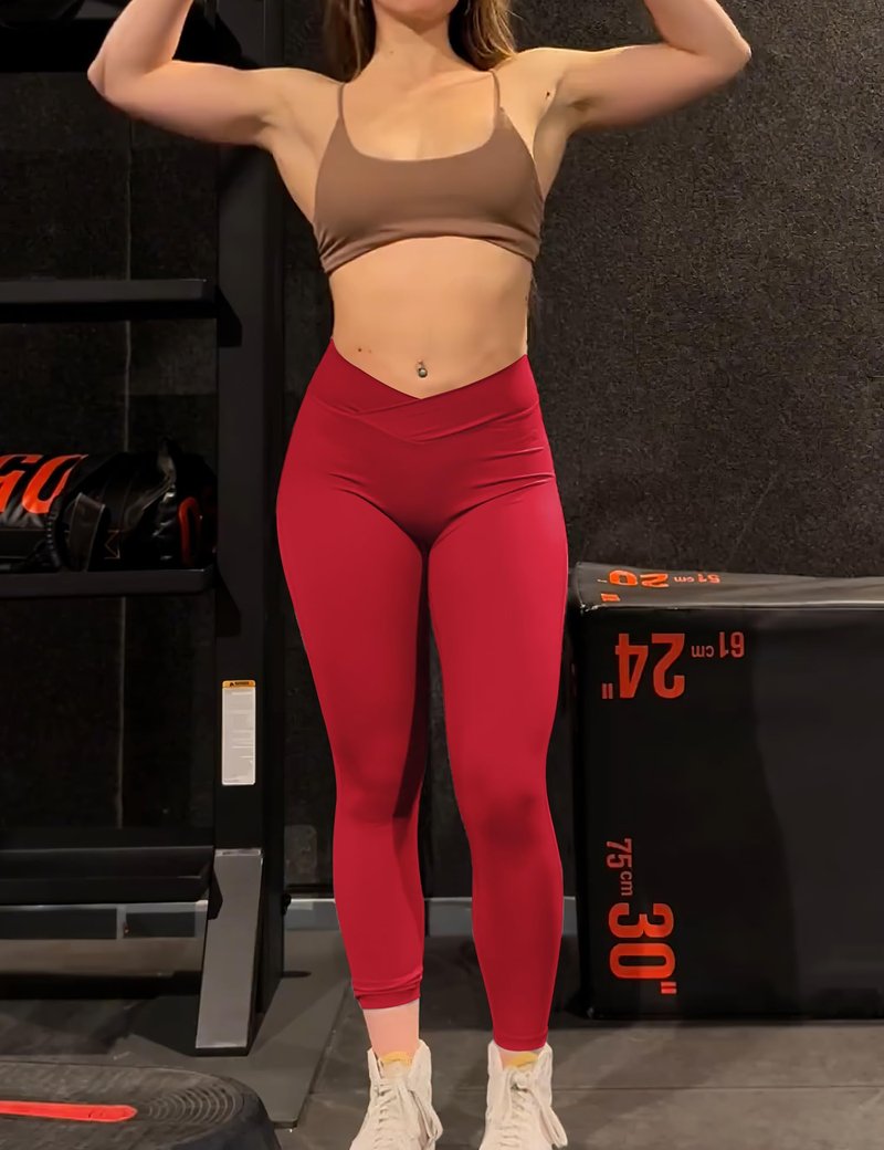 YEOREO Leggings with Pockets for Women Charm Scrunch Workout Leggings V Cross Waist Butt Lifting Gym Yoga Pants Red M