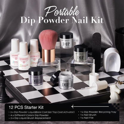 AZUREBEAUTY Dip Powder Nail Kit Starter, All Season Skin Tone Nude Brown 4 Colors Acrylic Dip Powder Liquid Set with Base/Top Coat Activator for French Nail Art Manicure DIY Salon Gifts