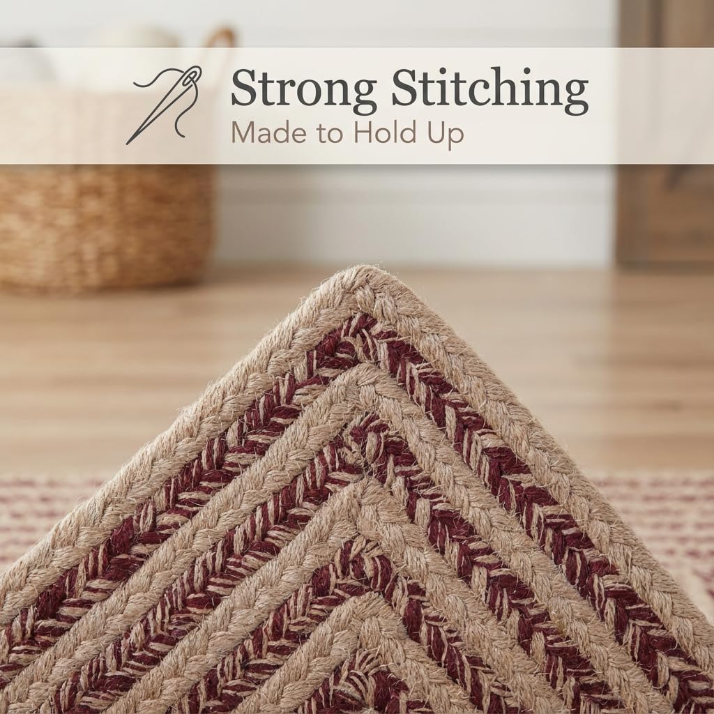 Cotton Braided Rug - 3' X 5' Beige and Burgundy Rectangle Woven Farmhouse Rug for Kitchen - Braided Minimalist Rugs for Entryway - Rustic Primitive Rugs for Bedside